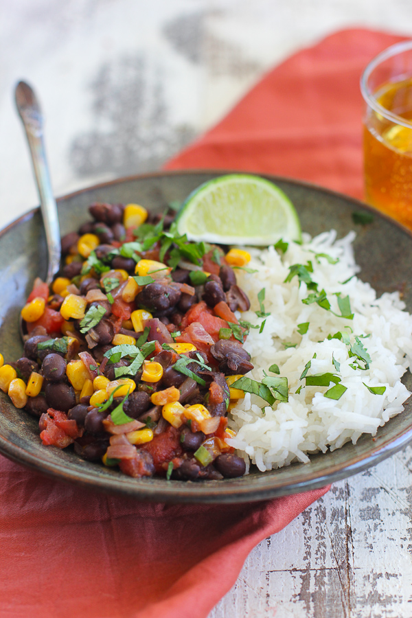 Close up of plated black beans and rice