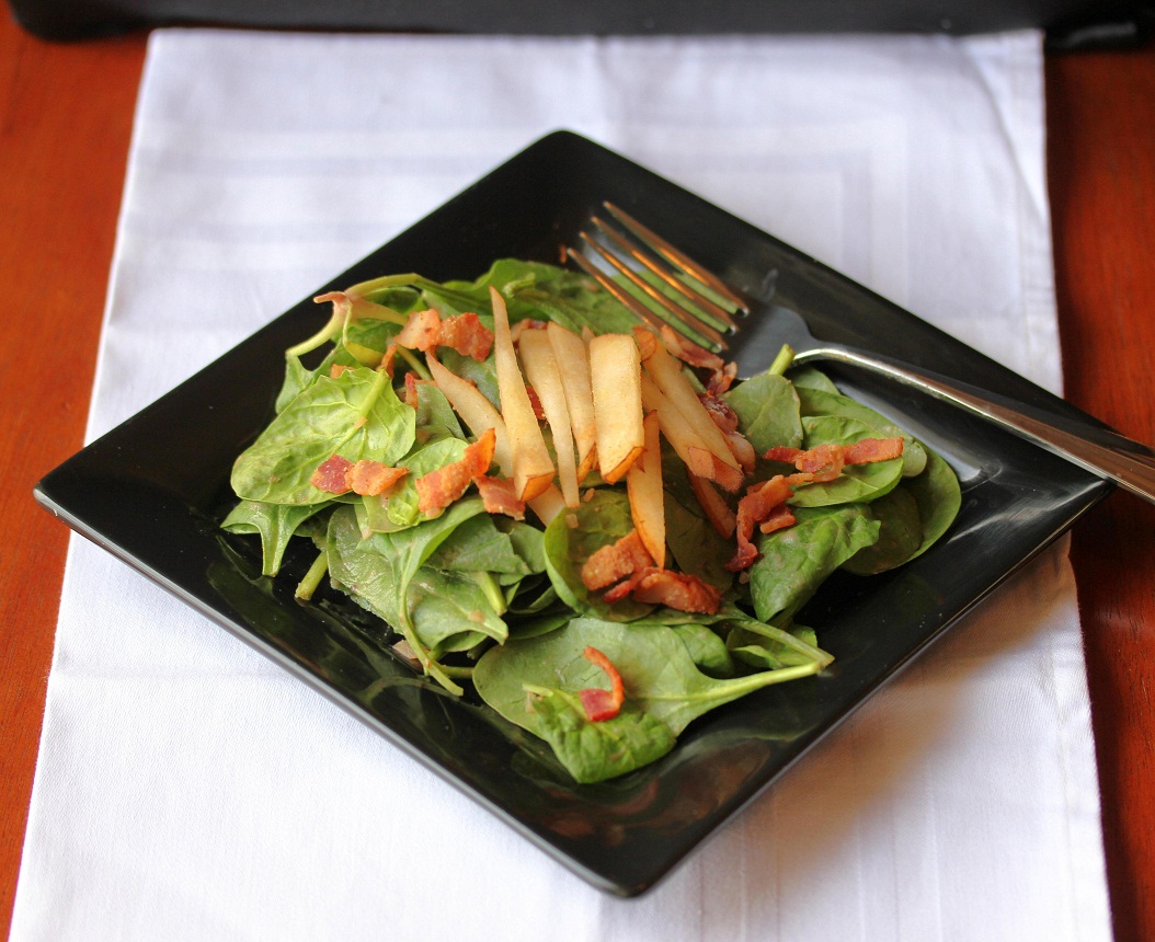 Spinach and Pear Salad with Warm Bacon Dressing