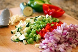 chopped onions, peppers, zucchini 