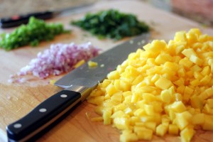 Ingredients chopped and ready to be combined to make the mango salsa