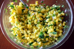 Salsa ingredients combined in a mixing bowl