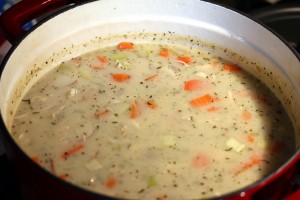 Soup simmering after the rest of the ingredients have been added