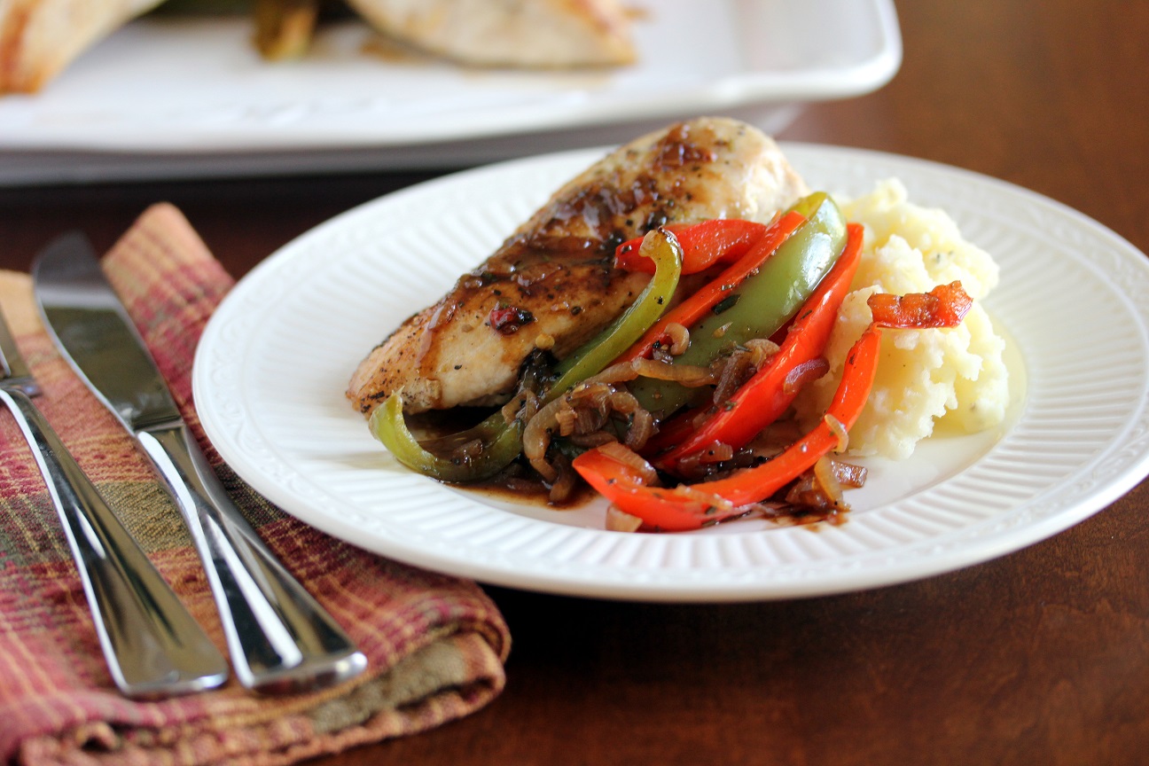 Roast Chicken with Balsamic Bell Peppers and Mascarpone Mashed Potatoes