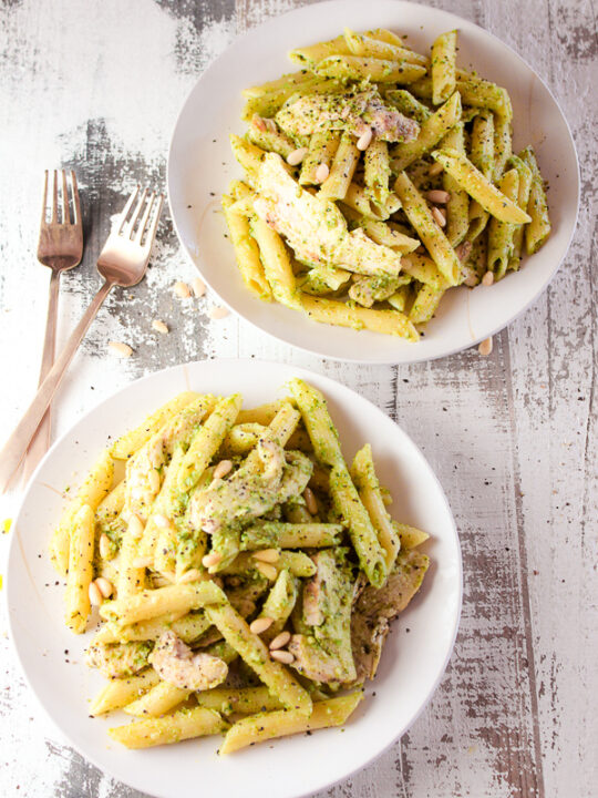 Overhead shot of plated grilled chicken pesto pasta