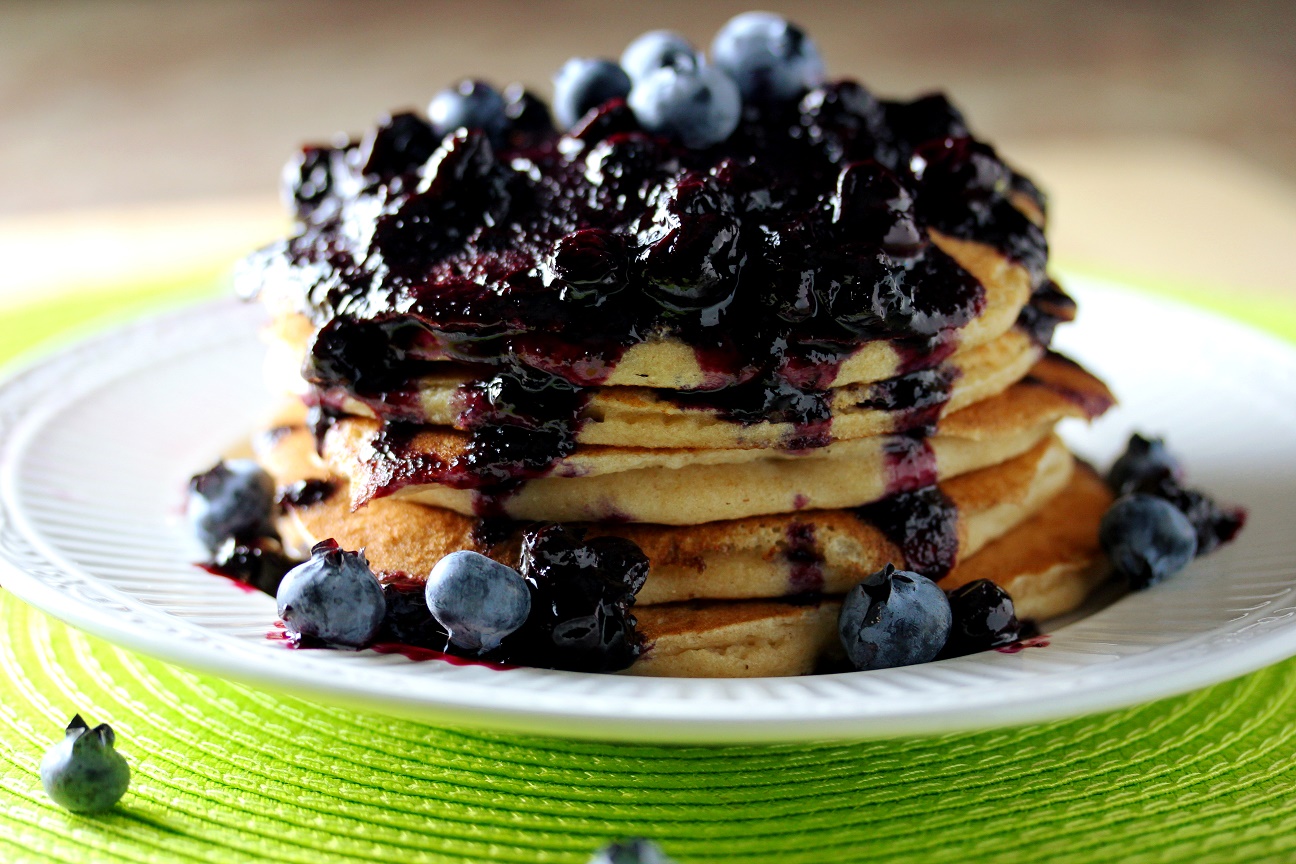 Make Ahead Whole Wheat Pancakes with Fresh Blueberry Sauce