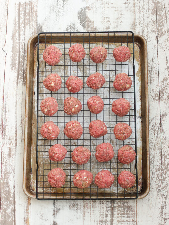 Lamb meatballs on the sheet pan before baking