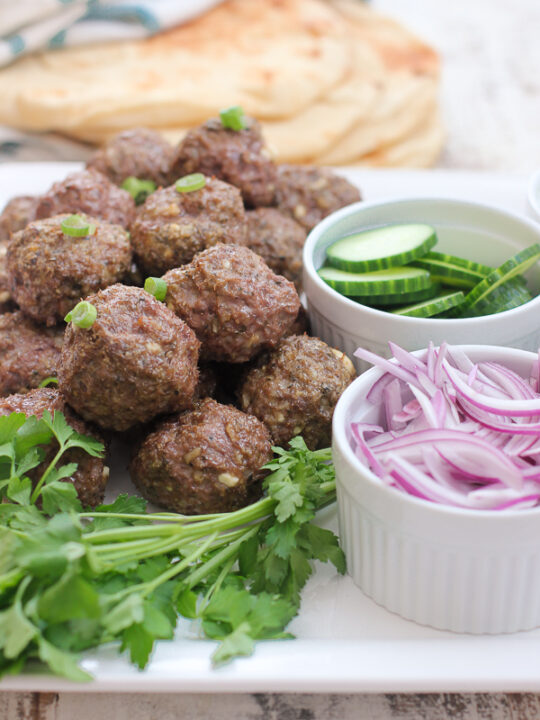 Close up photo of lamb meatballs before serving