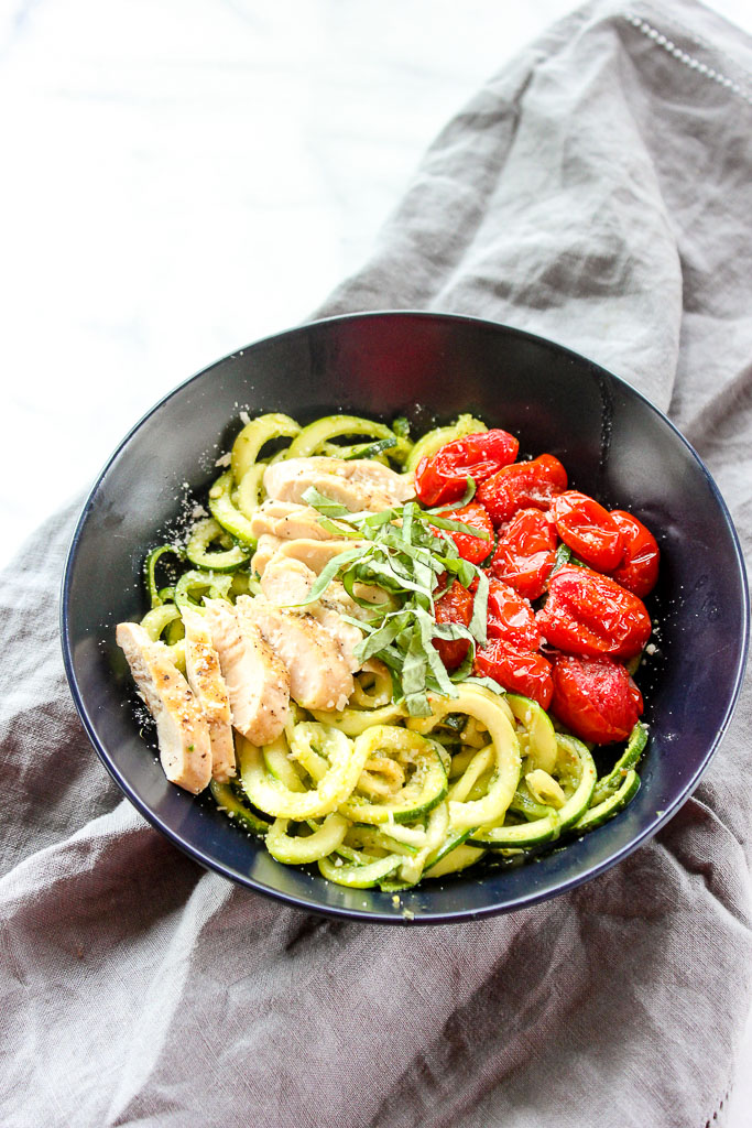 Zucchini Noodles with Roasted Tomatoes, Chicken and Pesto