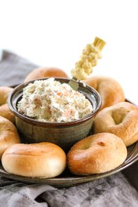 Smoked salmon dip served with mini bagels