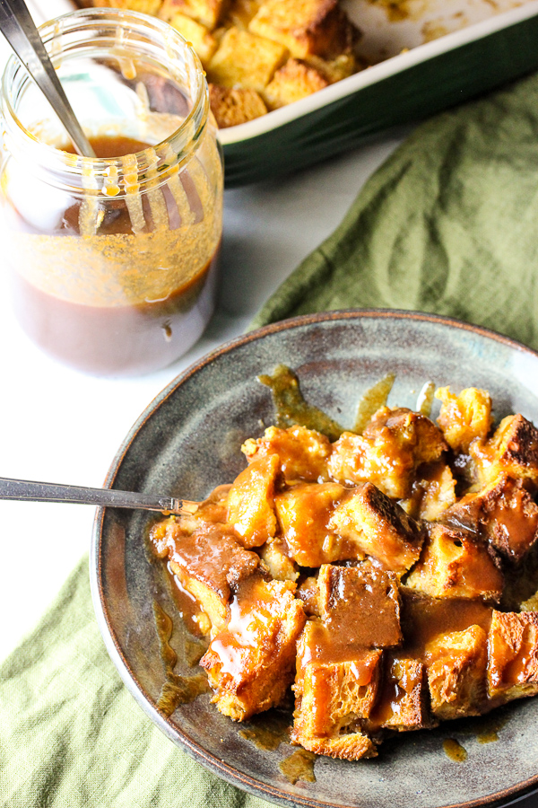 Pumpkin Pie Bread Pudding with Homemade Salted Caramel Sauce