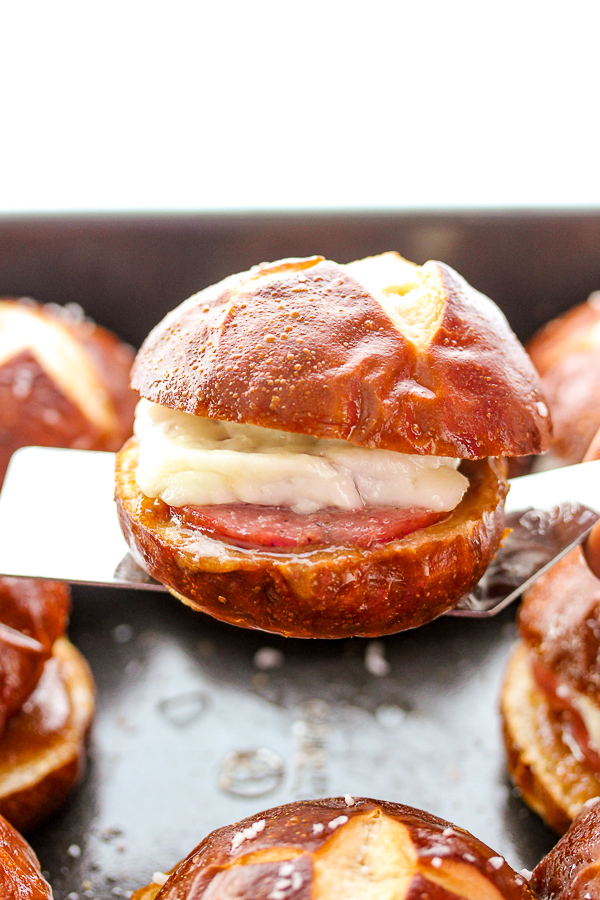 Garlic Summer Sausage Pretzel Bun Sliders Recipe