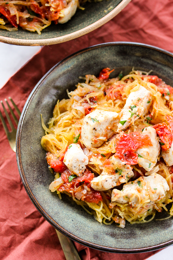 Roasted Tomato and Chicken Sheet Pan Dinner over Spaghetti Squash