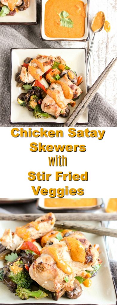 A simple marinade, along with some help from the grocery store make these chicken satay skewers with stir fried veggies a delicious and easy dinner option any night of the week.