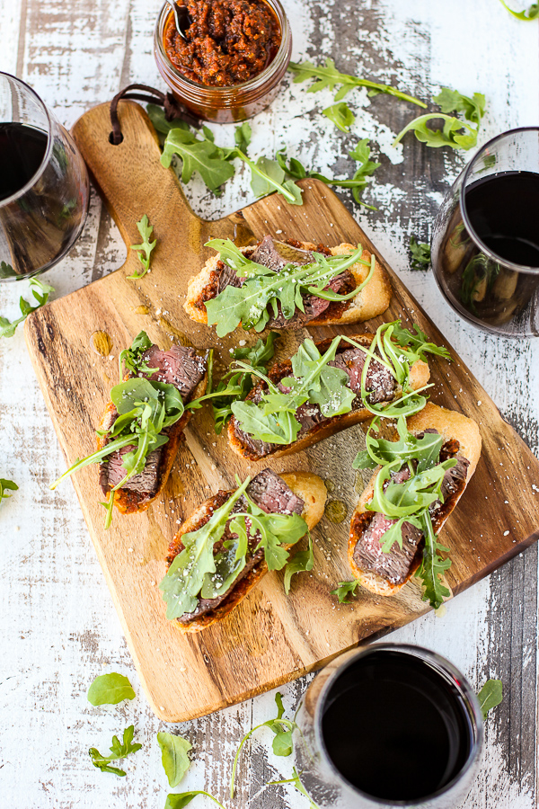 Sun-Dried Tomato Pesto Beef Crostini Appetizer