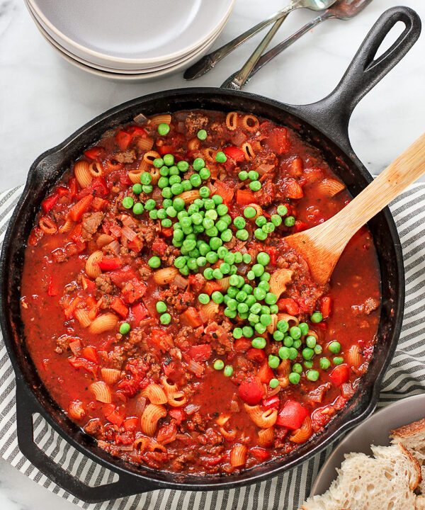 Overhead shot of the finished Old Fashioned Goulash in the skillet