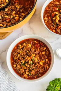 overhead picture of bowl of black eyed pea soup in a bowl