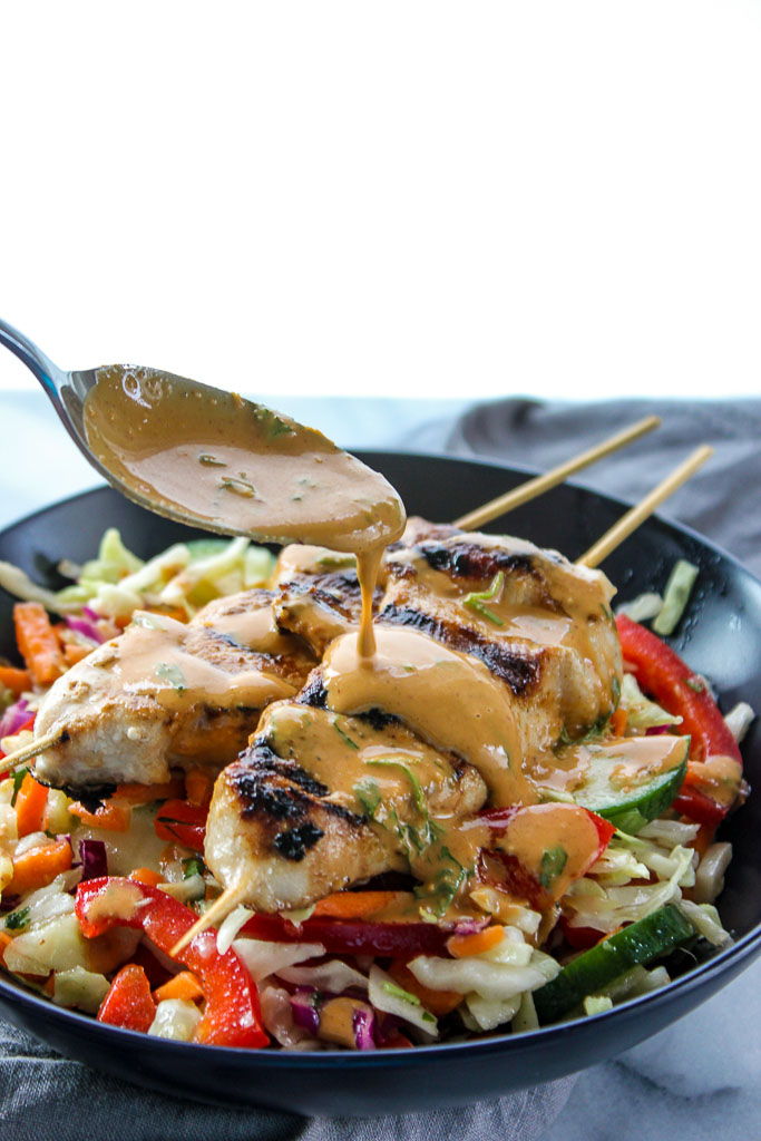 Thai Peanut Chicken Skewers with Crunchy Slaw Salad