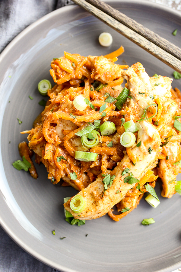 Thai Peanut Chicken Sweet Potato Noodle Sheet Pan Dinner