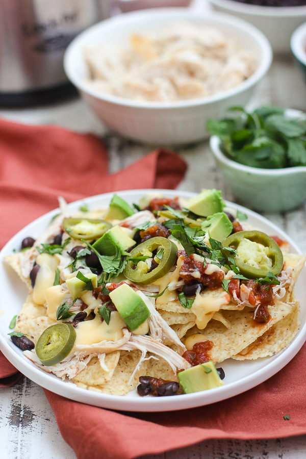 A plate of nachos made up with the toppings in the background